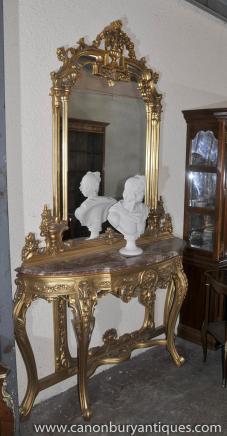 Français Empire doré Console Table et miroir Set Demi Lune tableaux