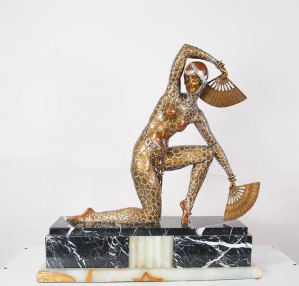 1920 Art Deco Bronze Chiparus Fan Dancer Figurine Statue