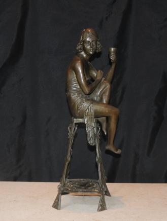 Art Déco Bronze Tabouret Fille d'aileron Signé Je Mic français