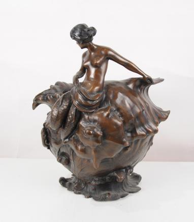 Bronze Art Nouveau Conch Shell Sirène Figurine Bowl Planter