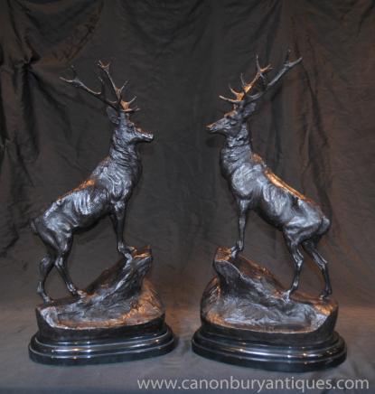 Bronze Cerfs Signée Statues Moigniez Paire Stag Moose Elk