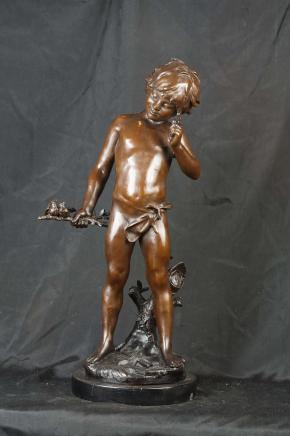 Français Bronze Boy Oiseau Statue Moreau casting Figurine Cherub