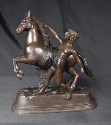 Français Bronze Horse & Boy Statue signée J Daste