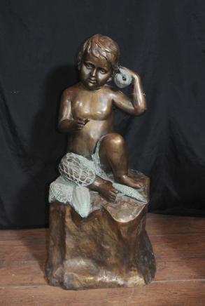 Français Bronze fontaine de jardin Fisher Conch Boy Statue Casting Parodies de l'eau