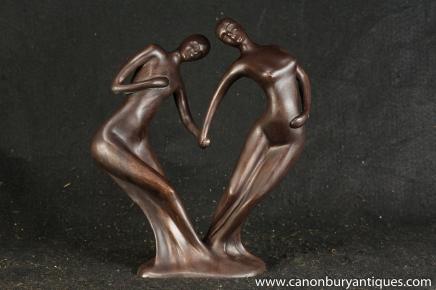 French Art Nouveau Dancing Couple Abstract Art Bronze Figurine 