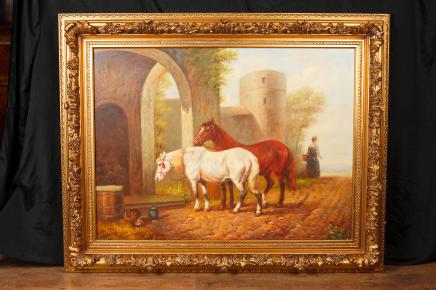 Anglais peinture à l'huile Chevaux Cheval Portrait cadre doré Art Signé G Roy