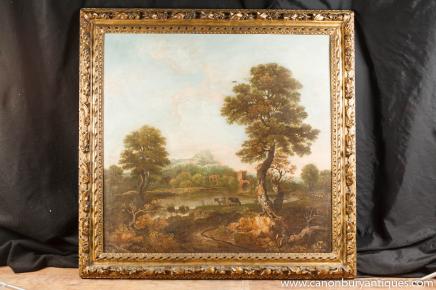 Antique italien toscan huile peinture de paysage du 18ème siècle antique pastorale