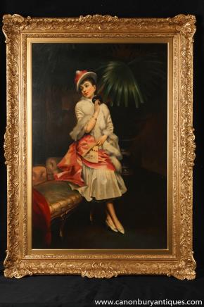 Art déco français Peinture à l'huile Portrait Maiden cadre doré