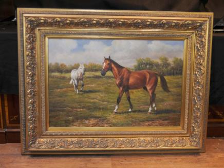 Cheval et poney Peinture à l'huile victorienne pastorale Paysage anglais Art