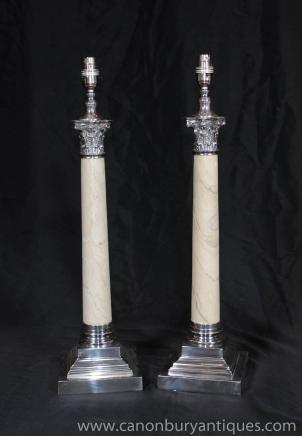 Colonnes paire Regency Lampes de table corinthiennes plaque d'argent feux de porcelaine