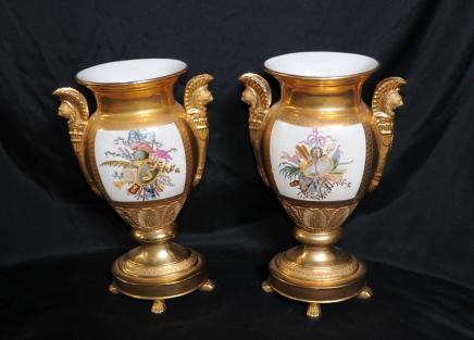 Dresde Porcelain Enamel Floral Vases Urnes