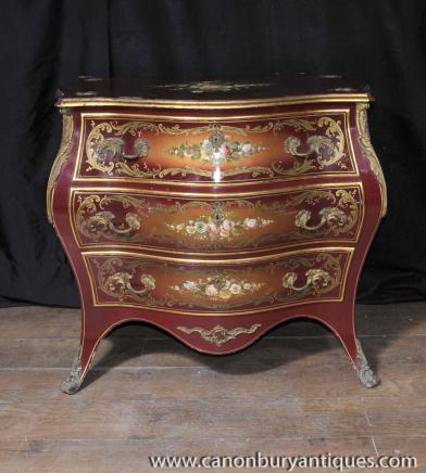 Français laque Bombe Commode Commode tiroirs Floral meubles peints