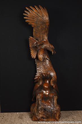 Grand Chêne Sculpté à la main American Eagle Statue proie Oiseau Chauve