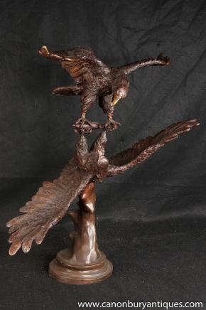 Grande Paire Bronze Fighting American Eagles Bald Eagle Statue Oiseau casting