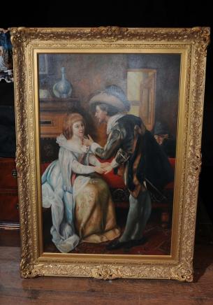 Grande peinture à l'huile hollandaise romantique Couple Portrait cadre doré
