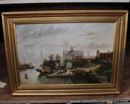 Huile néerlandais Peinture Paysage Bateau Scène rustique Signé cadre doré 