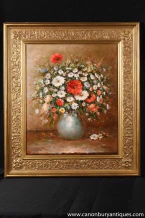 Impressionniste français Gerbe Toujours peinture à l'huile Vie Art cadre doré Signé