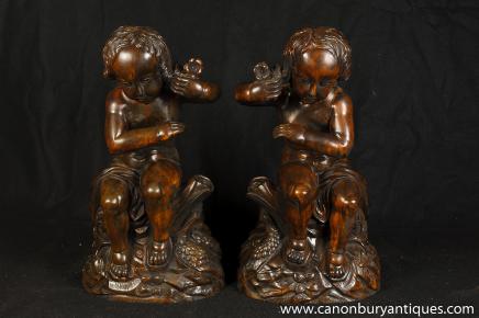 Les figures sculptées paire flamande Noyer Chérubins enfants Putti main
