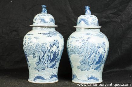 Paire Bleu Blanc Porcelaine Nankin Vases Urnes Ginger Jars chinoise de Nankin