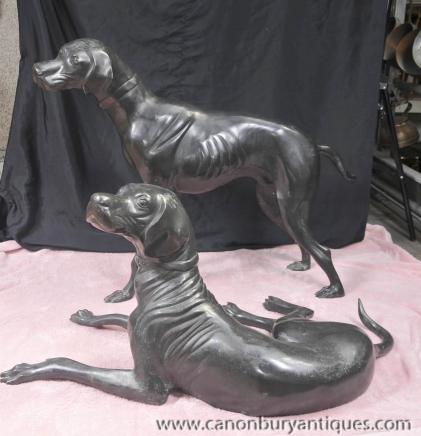 Paire Lifesize Bronze Chiens Weimaraner Hounds Pointer Dog Statue