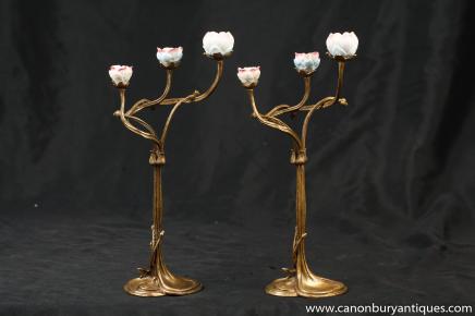 Paire Ormolu Art Nouveau floral incrusté Chandeliers Bougeoirs Bougie