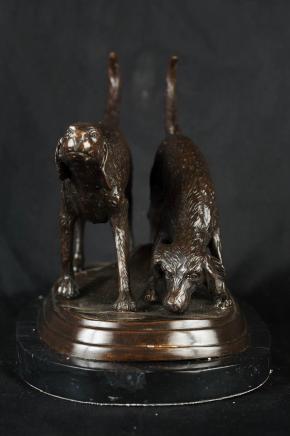 Paire anglais Bronze Bloodhond Chiens Hounds Statue Animaux