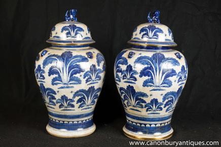 Paire chinois de Nankin porcelaine Ginger Pots Poterie Bleu Blanc