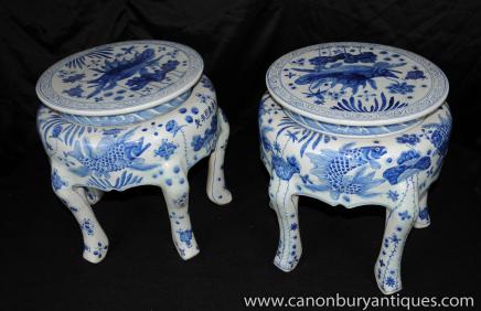 Paire chinoise de Nankin Tabourets de poterie Bleu Blanc Porcelaine