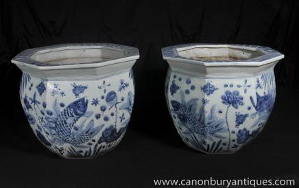 Paire de Nankin Les planteurs de poterie Bols Bleu chinois en porcelaine blanche