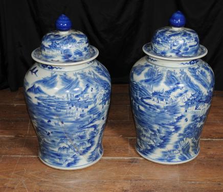 Paire de Nankin Poterie Ginger Urnes Vases chinois Bleu Blanc Porcelaine