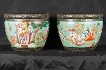 Paire japonaise Famile Jaune porcelaine Pots Jardinier Pots Bols