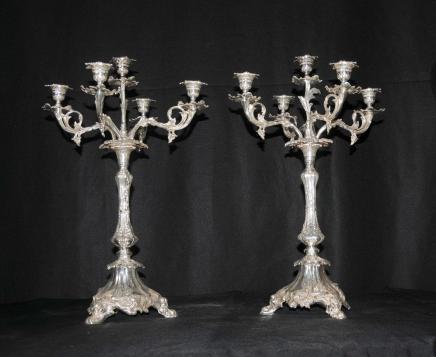 Paire victorienne Rococo Silver Plate Chandeliers Bougies Sheffield