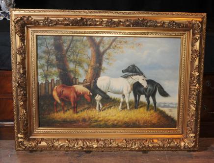 Peinture à l'huile Chevaux anglais victorien Art cadre doré