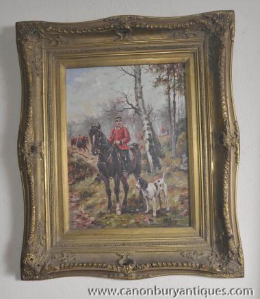 Peinture à l'huile Français Hussar Soldat à cheval Portrait cadre doré