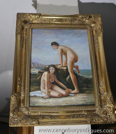 Peinture à l'huile italienne Paire Femme nue Portraits cadre doré