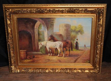 Peinture à l'huile victorienne signé Cheval équestre Scène cadre doré