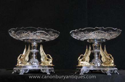 Paire Sheffield plaque d'argent surtouts de table Gilt Swan Dippers Cut Plaques de verre plat CCT Co