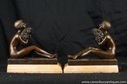 Statues Paire Art Déco Figurine Bookends Bronze signé
