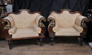 Pair Antique Thomas Hope Canapé Sièges Acajou Parcel Gilt présidents Couch