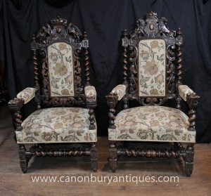 Pair Antique William Mary Oak fauteuils Thrones Barley Twist