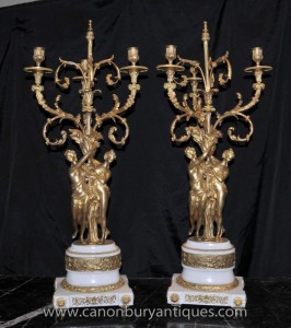 Paire Empire français Ormolu Maiden Candélabres Bougies de marbre