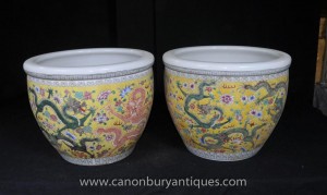 Paire chinoise Ming Porcleain dragon Planters Pots Poterie Céramique Jaune