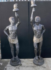 Statues Paire XL Italia Bronze Nègre Torch Maures architectural