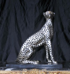 Art Déco Argent Bronze Cheetah Cat Statue Lions Feline Castings