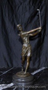 Français Bronze Femme Golfeur Statue Signée Milo Golf Golf