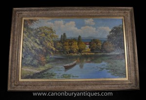 Huile Paysage English River victorienne Peinture Punting