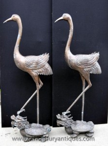 Paire Chinese bronze Grues Oiseaux Cigogne tortue dragon Statue Castings
