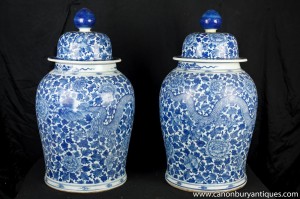 Paire Grand Bleu Blanc Porcleain Ginger Jars Urnes Vases Ming