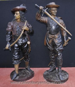 Statues paire Anglais Bronze Cavalier soldats Charles I