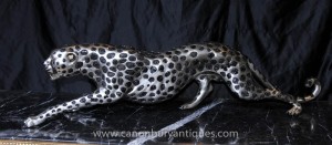 Art Déco Argent Bronze Cheetah Statue Chats Leopard Feline